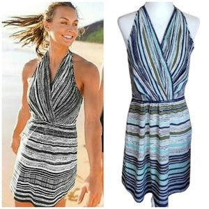 Athleta Go Anywhere Halter Dress Mint Navy Stripe